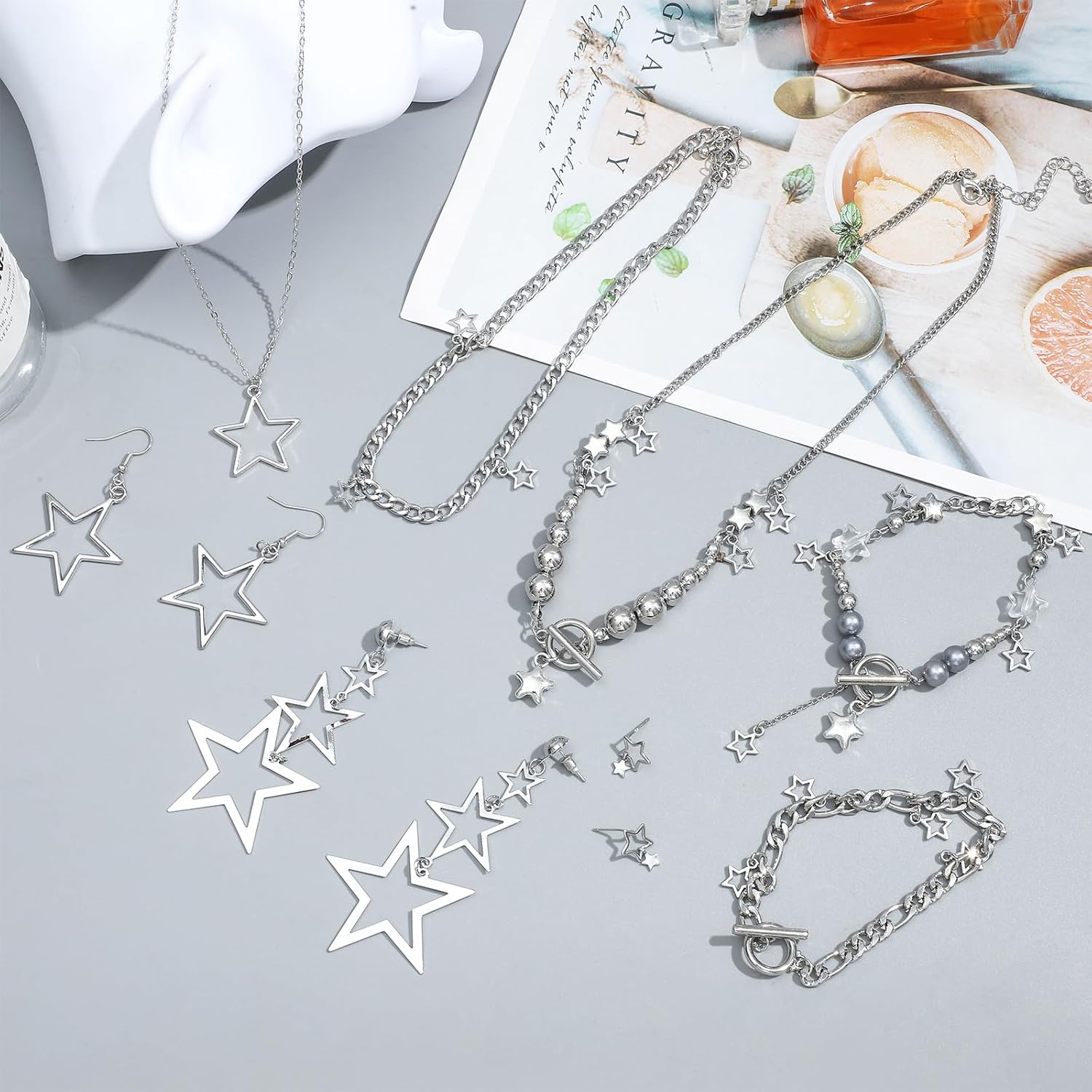 NEWITIN 11 Pieces Star Jewelry Set for Women Fashion Costume Jewels Pendant Star Necklace Bracelet Earrings Silver Jewelry Set for Women - Image 3