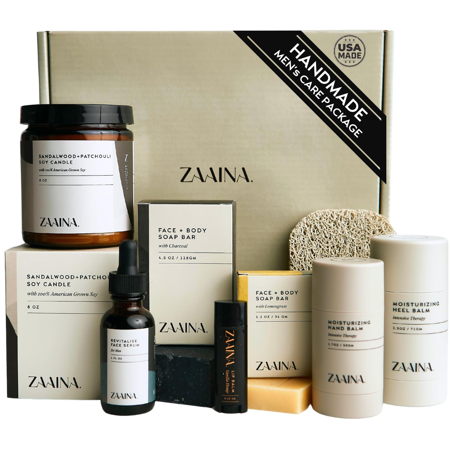 Men's Self Care Package - Luxury Spa Gift Set for Him, Unique Gifts for Men - Handmade in USA, Relaxation Self Care Spa Gift Set for Him - Natural Men Skin Care Kit with Sandalwood Candle by ZAAINA