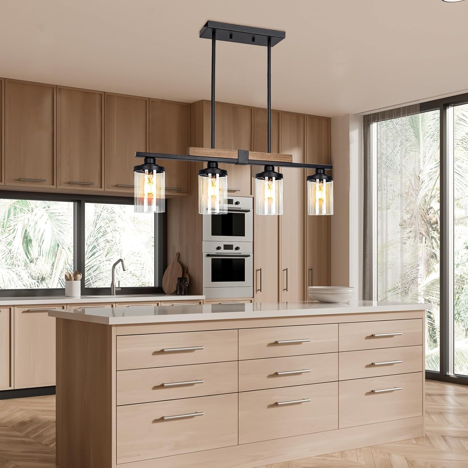 Dining Room Light Fixture Over Table, Farmhouse 4-Light Kitchen Island Lighting, Modern Wood Chandelier with Adjustable Height, Large Industrial Black Pendant Lights Ceiling Hanging for Living Room - Image 6