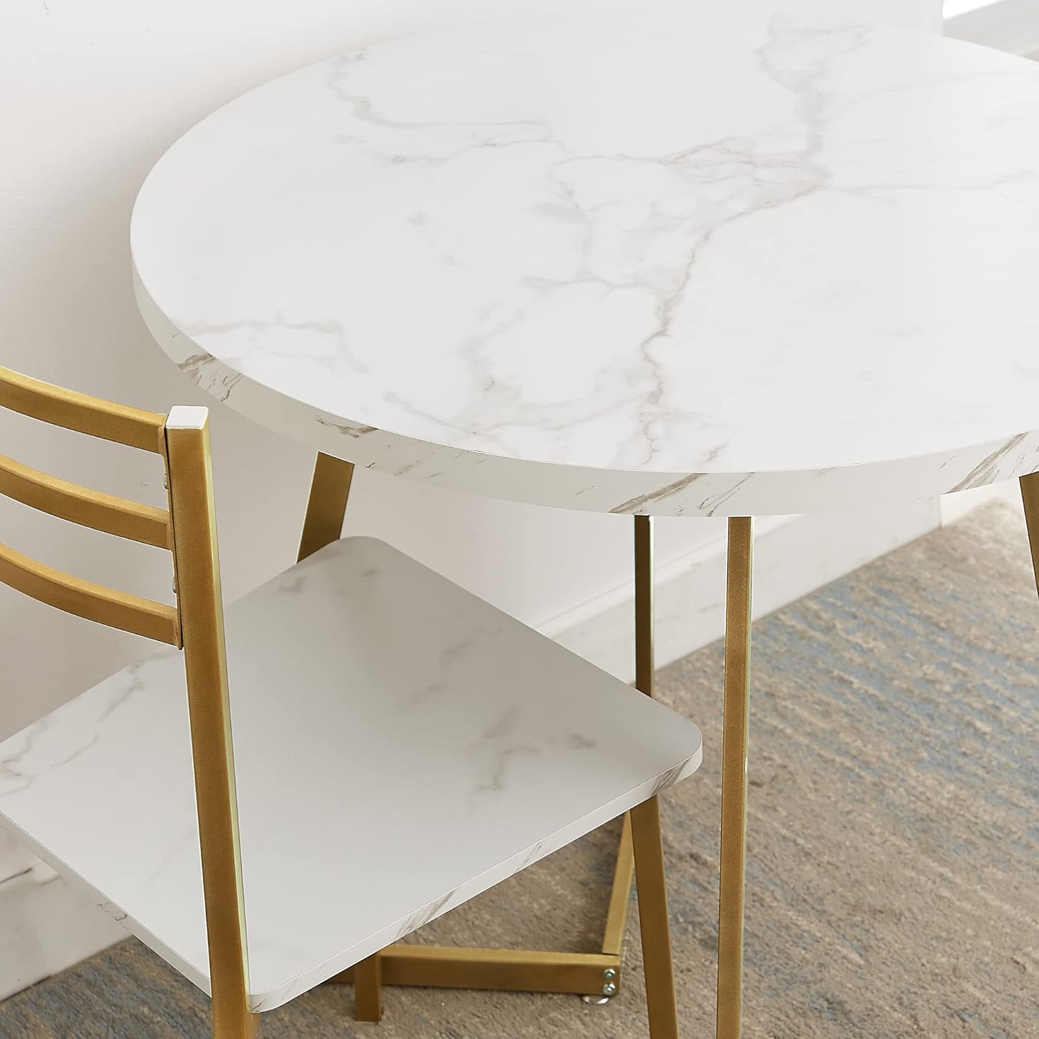 VECELO Round Dining Room Table with Wood Grain Tabletop and Steel Frame, for Kitchen, Living Room, Office, Conference, 2 to 4 Person, White & Gold - Image 4
