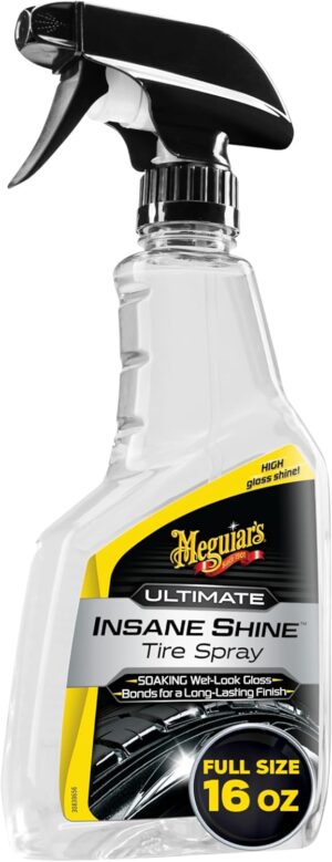 Meguiar’s Ultimate Insane Shine Tire Spray – Premium Tire Dressing that Delivers a Lasting High Gloss Wet Look and is Easy to Use; Advanced Tire Shine that Bonds for a Long-Lasting Finish, 16 Oz Spray
