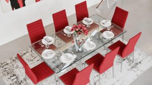 ZURI Modern Cortez 79″ Clear Glass Dining Table with Polished Stainless Steel Base