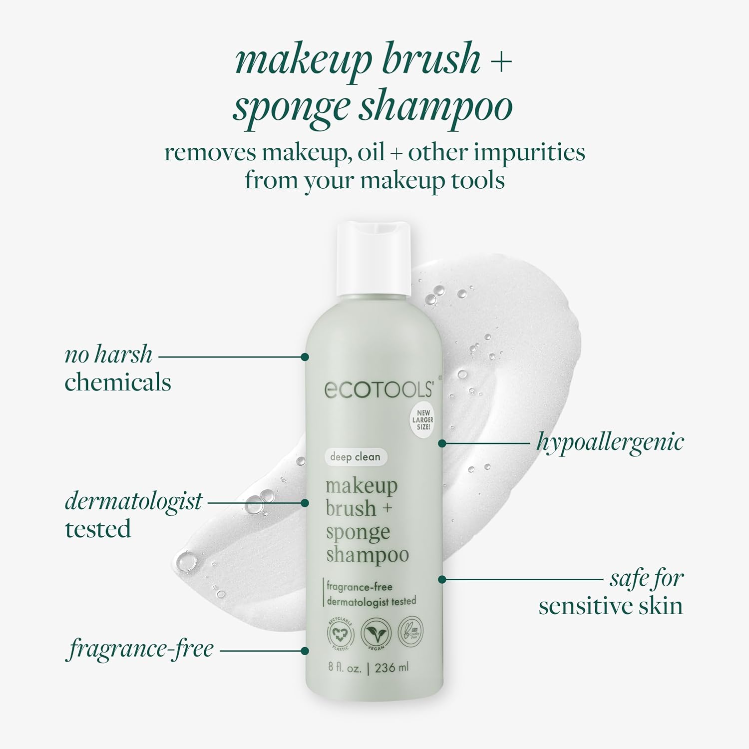 EcoTools Cleanser Shampoo for Makeup Brush/Sponge/Puffs, Remove Makeup & Impurities, Fragrance-Free, No Harsh Chemicals, Vegan & Cruelty-Free, 6 fl.oz./177 ml, 1 Count - Image 3