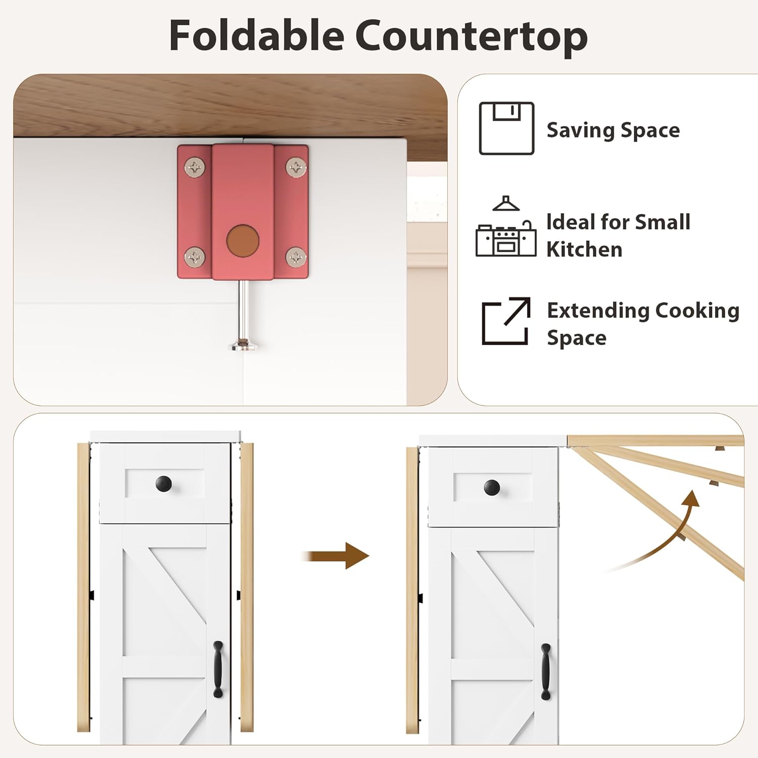 Space Saving Folding Dining Table, Farmhouse Foldable Dining Table with Drawer and 2-Layer Storage Shelf, 6 Wheels Multipose Expandable Kitchen Drop Leaf Table for Small Space (Pear Wood White) - Image 9
