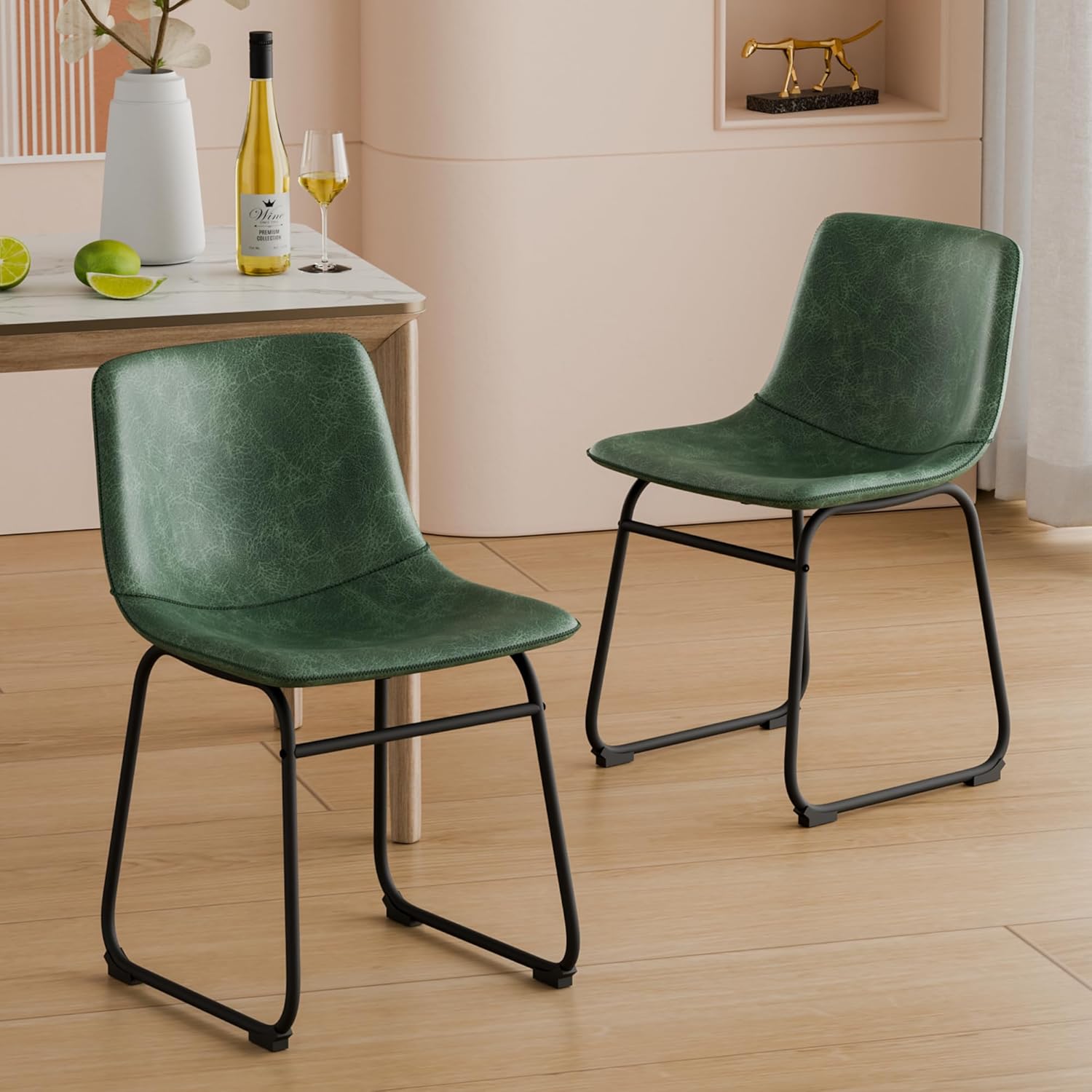 Dining Chairs Set of 2, 18 Inch Modern Armless Dining Chair with Back, Faux Leather Kitchen Dining Room Chair with Metal Legs for Home, Bistro Coffee Shops (Green)