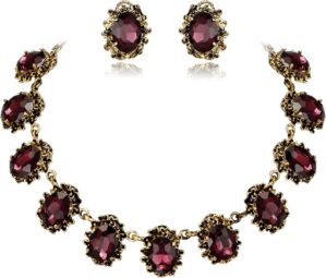 BriLove Victorian Style Statement Necklace Pierced Earrings Jewelry Set for Women Crystal Floral Cameo Inspired Oval Jewellery for Party Prom