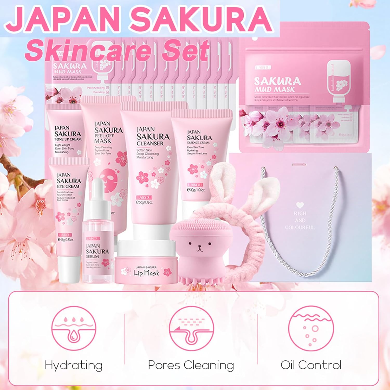 Skin Care Set Sakura Women Beauty Gift Sets Korean Skin Care Kit- Cleanser,Serum,Face Cream,Toner,Eye Cream,Mud Mask-Skin Care Routine Kit (One Size, Cherry Blossom-StyleB-Luxury Moisturizing) - Image 3
