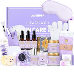 Facial Skin Care Set & Spa Kit, Lavender Spa Gifts for Women, Body & Facial Relaxation Kit, Mothers Day Gift Ideas, Self Care Gifts Birthday Christmas Gifts Includes Face Cream Oil Shower Accessories