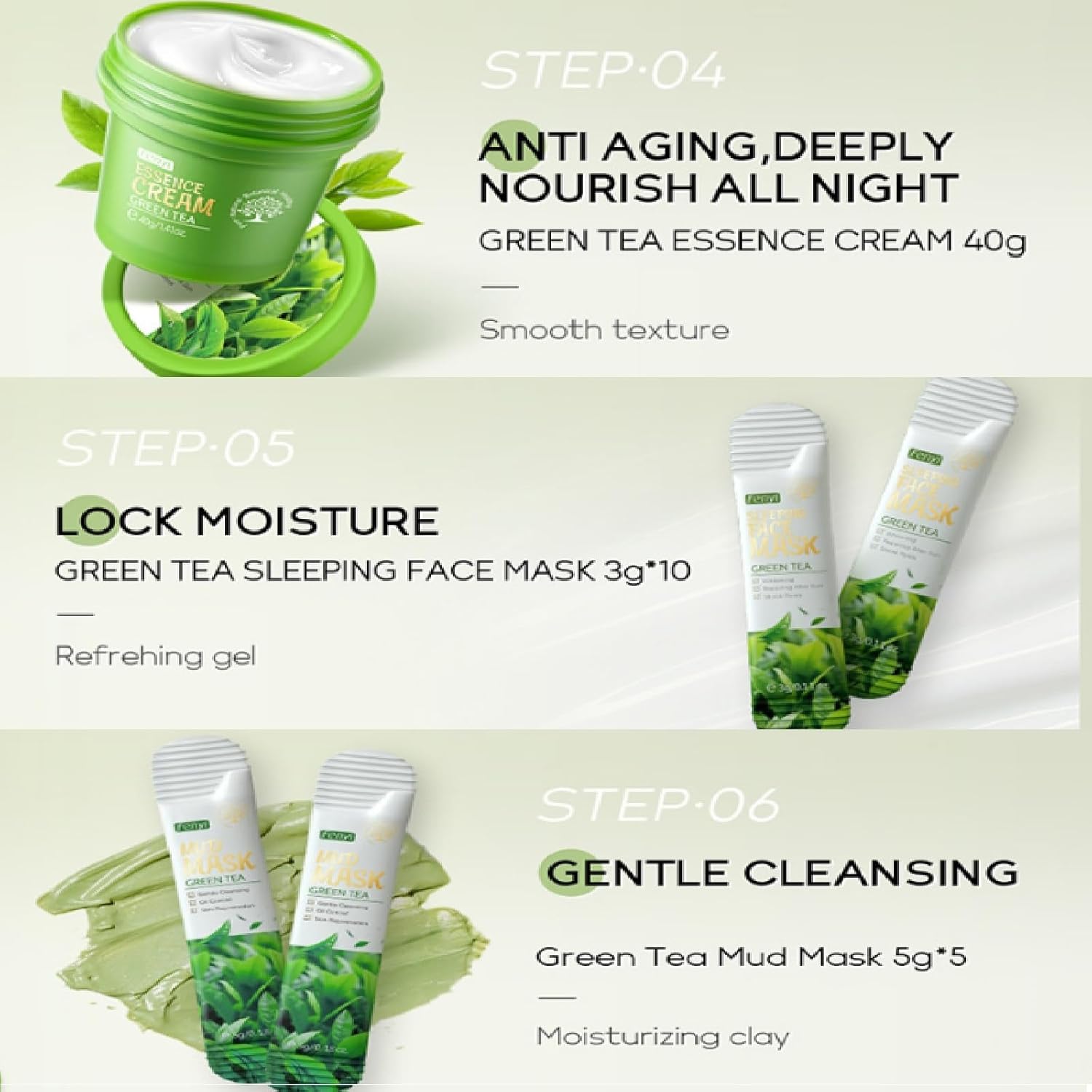 Green Tea Skincare Set, 19-In-1 Skincare Gift Set, With Natural Extracts,Cleanser,Face Serum, Face Cream, Eye Cream, Facial Mask And Mud Mask,Moisturizing Skincare Set For Teen Girls - Image 4