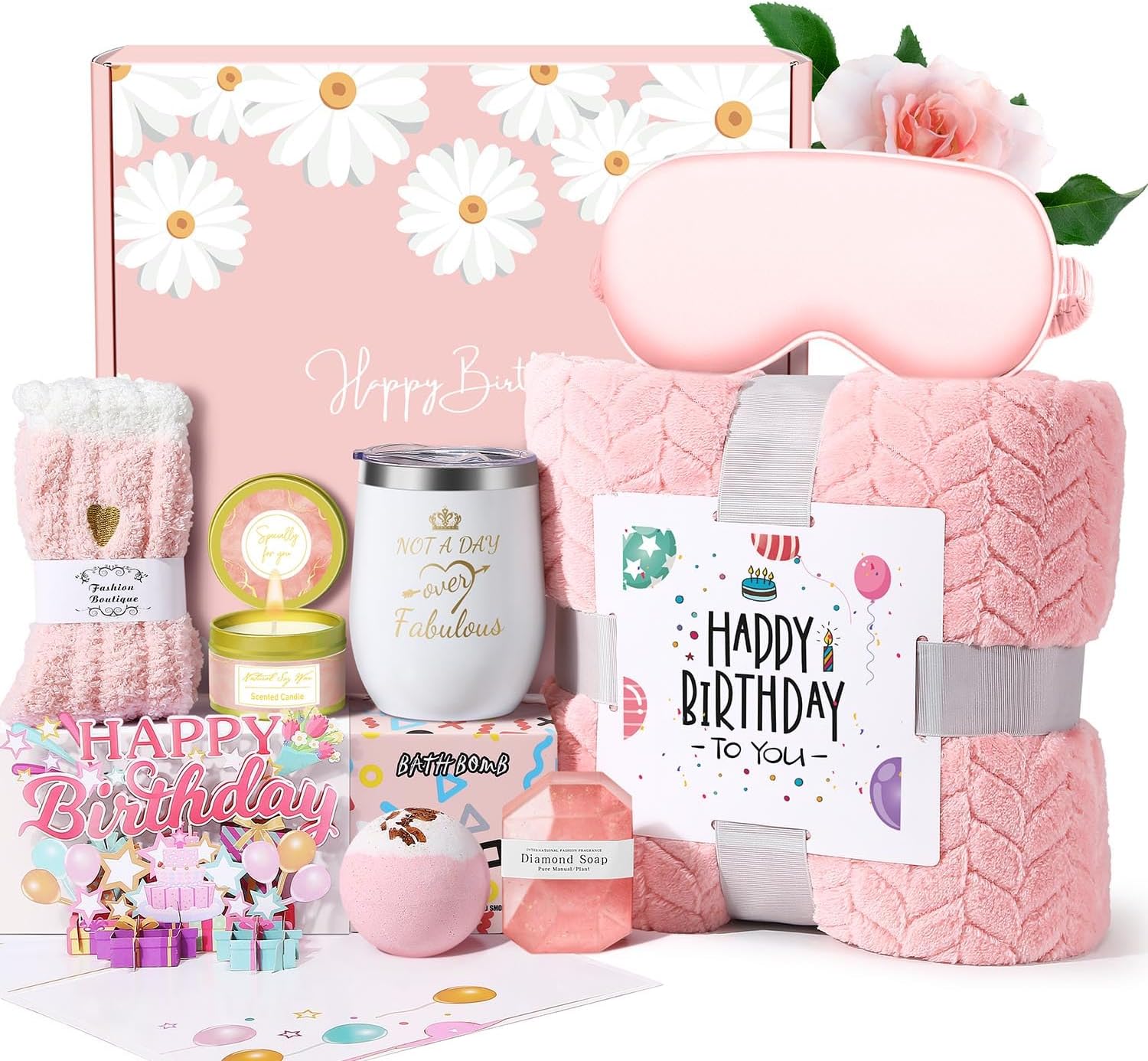 Birthday Gifts for Women Friendship, Happy Birthday Gifts Basket for Mom Friend Sister Wife Her Birthday Gift Unique, Luxury Self Care Gift Rose Relaxing Spa Gifts Set with 3D Birthday Card for Women