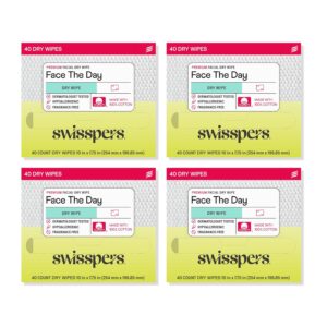 Swisspers Premium 100% Cotton Dry Facial Wipes – Hypoallergenic, Biodegradable Beauty Cloths with Dot Embossing – Vegan Makeup Remover Towelettes for Women & Men, 40 Count (Pack of 4)