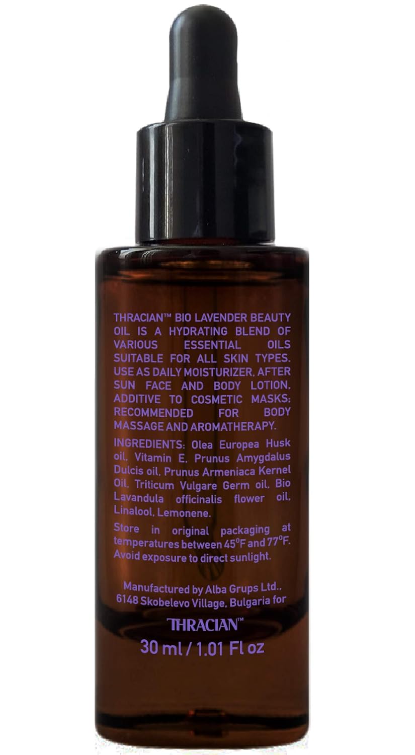 Thracian Bulgarian Beauty Lavender Oil with Bio Premium Certified Bulgarian Lavender, Anti-aging, Moisturizing Oil for Face, Body and Hair in 1.01 fl oz Glass with Dropper