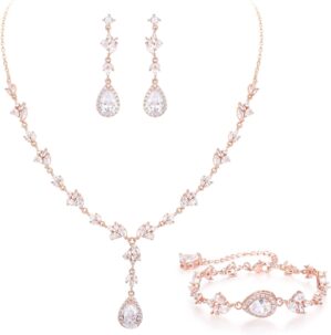 Crysdue Teardrop Bridal Jewelry Set for Wedding Party, Silver/14K/Rose Gold Plated Prom Costume Jewellery for Bride Bridesmaids Women, Cubic Zirconia Necklace Dangle Earrings Bracelet