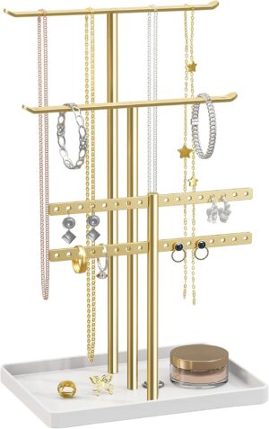 pickpiff Jewelry Stand Holder Organizer: 14.5″ Sturdy Hanger for 80 Pcs Jewelry, Gift for Women, Gold Jewlery Tower for Necklace, Earring, Bracelet