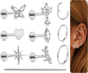 G23 Titanium 10Pcs 16G/18G Stud Earrings Flat Back Tragus Cartilage Earrings Rings Hoops CZ Butterfly Flower Leafage Heart Stud Labret Conch Helix Piercing Jewelry Set