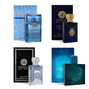 Versace Cologne for Men Set of 4 Mini Eros, Pour Homme, Dylan Blue, Eau Fraiche Perfume for Men Fragrance Sampler Set – Designer Mens Cologne Samples (4 Count, 0.17 oz)