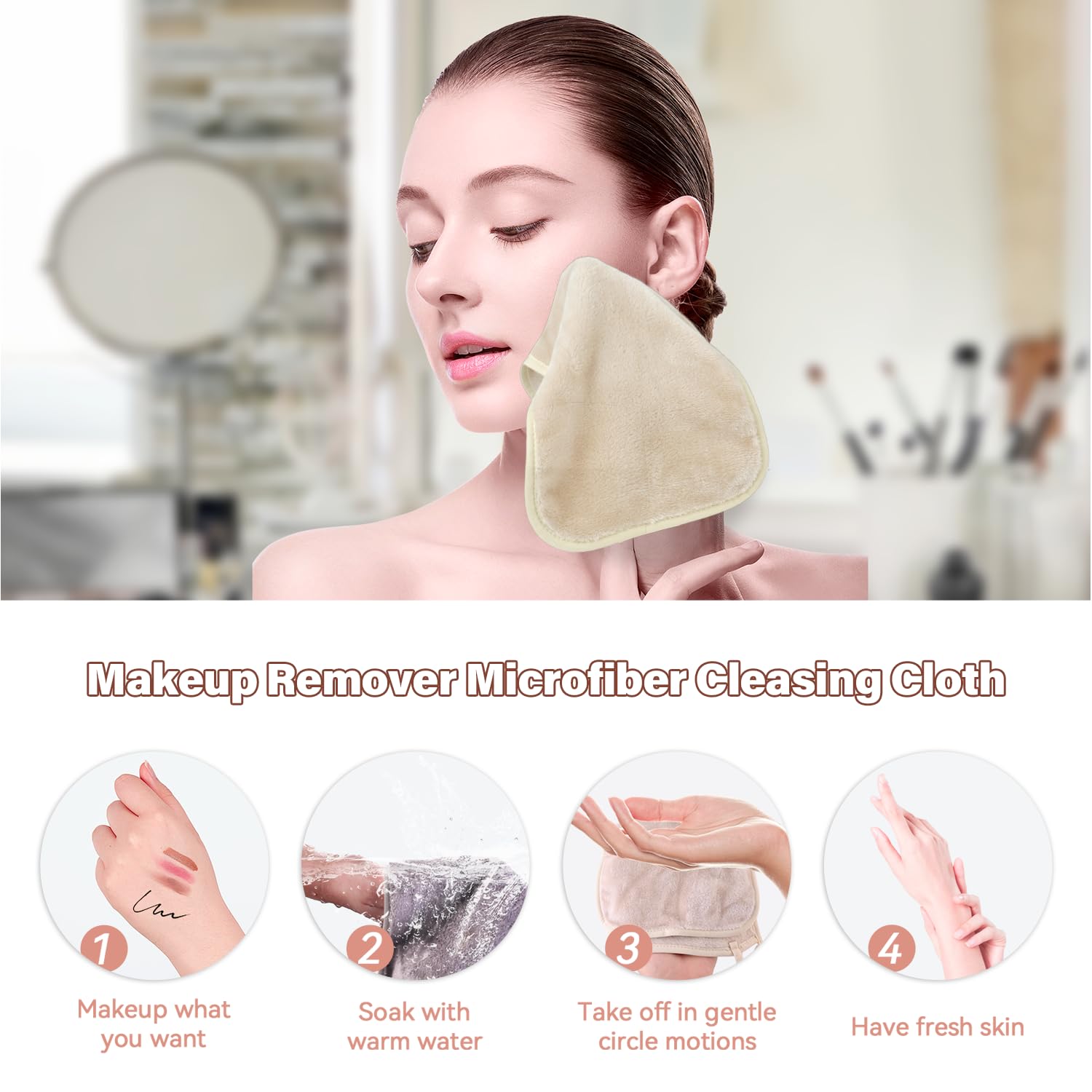 Makeup Remover Cloths, 8 Packs Makeup Remover Towels Reusable Face Wash Cloth, Soft Makeup Remover Microfiber Face Cloth for Women(Beige) - Image 6