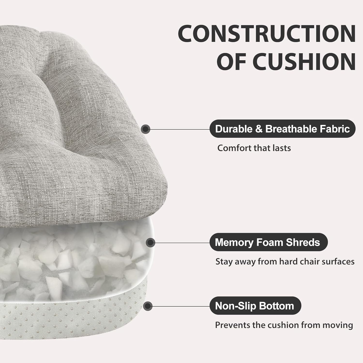 Quilmfoam 15.5"x15.5" Kitchen Chair Cushions Set of 4 for Dining Chair, Soft Tufted Non-Slip Memory Foam Seat Cushion with Ties for Indoor Kitchen Dining Furniture, Light Grey - Image 2