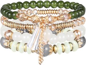 Bohemian Beaded Bracelets for Women 4 PCS Multilayer Stacked Stretch Bracelets Set with Crystal Stone Beads Vintage Charm Jewelry Boho Summer Beach Gift Adjustable Stackable Beaded Bracelet