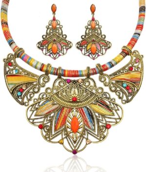 YAZILIND Chunky Necklace Earrings Women’s Bohemian Chain Tribal Jewelry Set Handmade Geometric Charm Bib Choker Necklaces