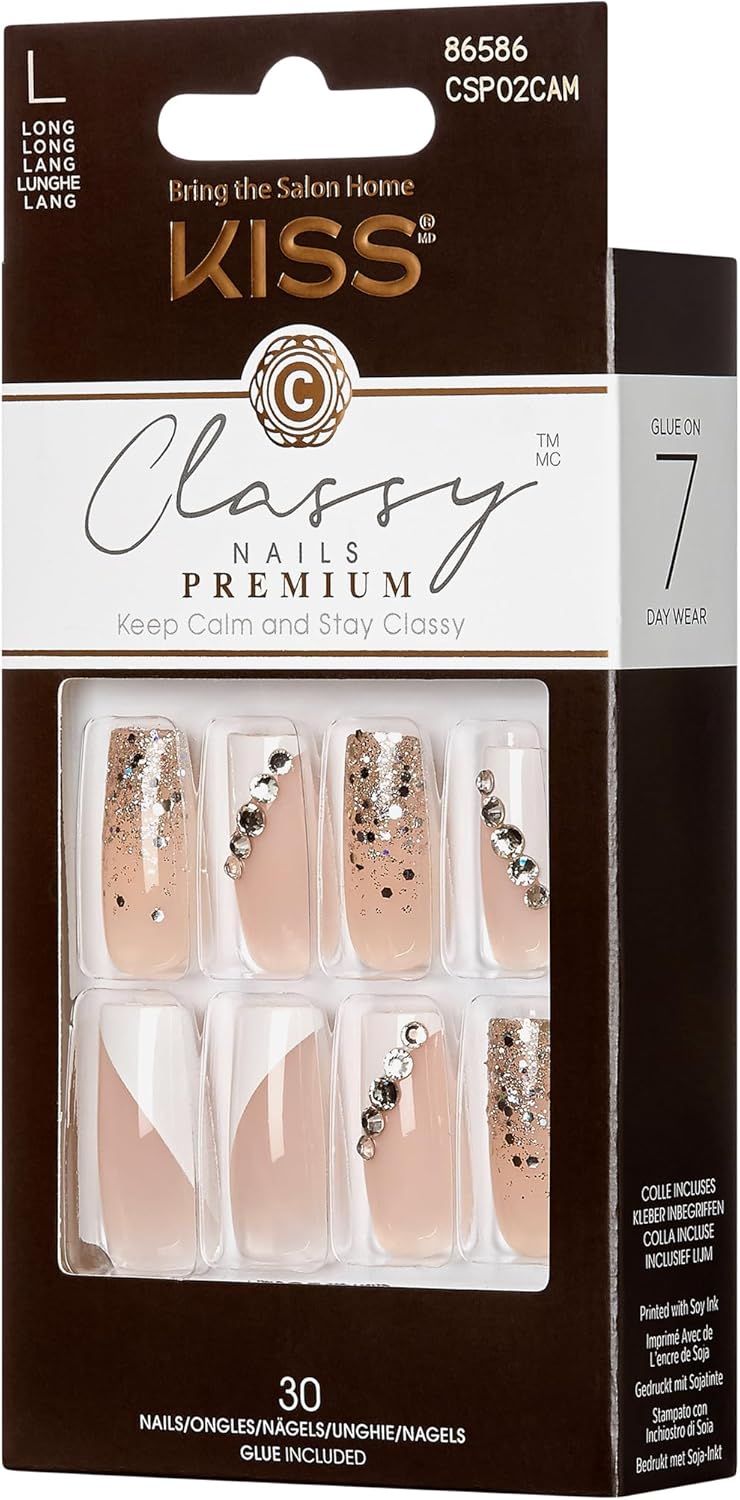 KISS Classy Premium Press On Nails, 'Gorgeous', White, Long Length, Square Shape, Includes 30 Fake Nails, 2g Pink Gel Nail Glue, 1 Manicure Stick, 1 Mini File