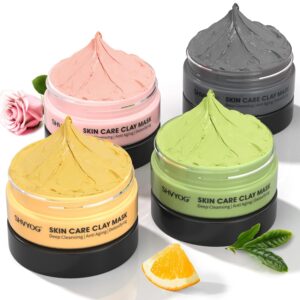 4 Pcs Clay Facial Mask Set – Turmeric, Vitamin C, Green Tea, Dead Sea Mud, and Rose Clay Skin Care Mask for Deep Cleansing, Moisturizing, and Refining Pores – 240g