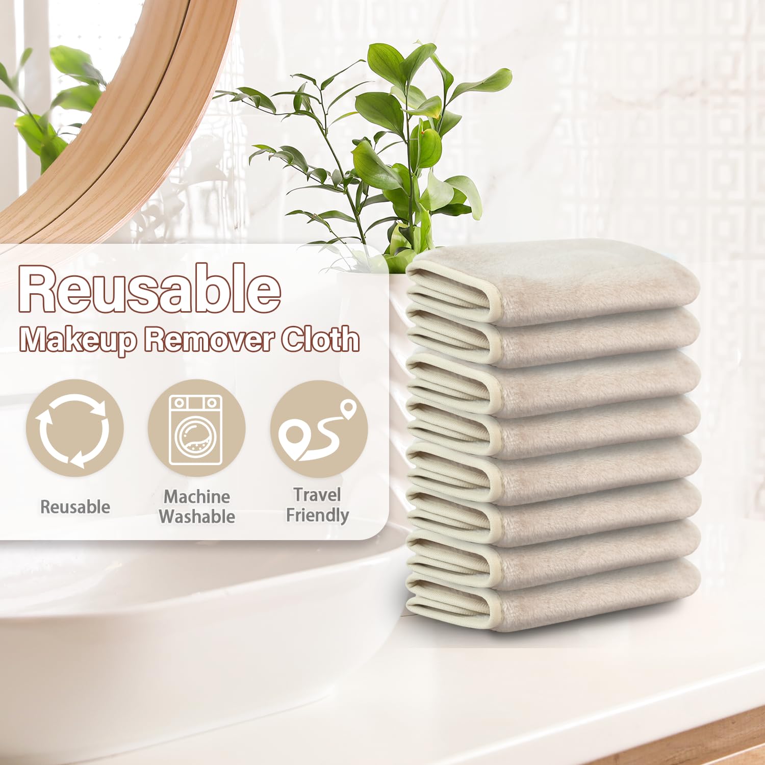 Makeup Remover Cloths, 8 Packs Makeup Remover Towels Reusable Face Wash Cloth, Soft Makeup Remover Microfiber Face Cloth for Women(Beige) - Image 5