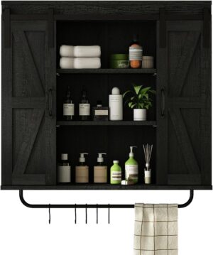 RUSTOWN Rustic Wood Wall Storage Cabinet with Two Sliding Barn Door, 3-Tier Decorative Farmhouse Vintage Cabinet for Kitchen Dining, Bathroom, Living Room,Black