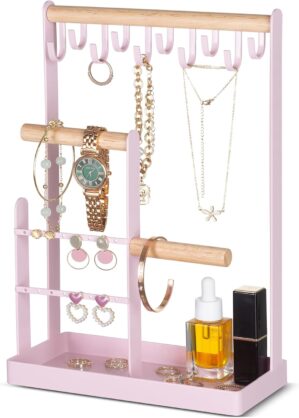 ProCase Jewelry Stand Holder Organizer, 4-Tier Necklace Holder with Ring Tray, 10 Hooks Necklaces Hanging Small Jewelry Display Storage Tower Tree for Bracelets Earrings Watches -Medium, Pink