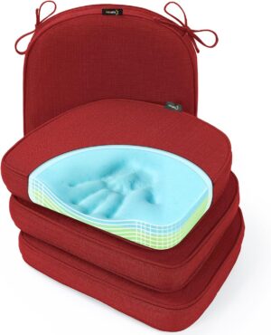 SUNROX Gel Memory Foam Chair Cushions, FadeShield Water-, Stain-Resistant Durable Reversible Seat Cushion Pads with Ties for Indoor/Outdoor Kitchen Dining Office 17″x16″ Set of 4, Burgundy