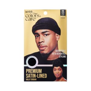 KISS COLORS & CARE Premium Satin-Lined Halo Turban, Unisex, Pre-Tied Head Wrap for Locs, Braids, & Waves, Protective Accessory for All Hair Types, 1 Count, Black