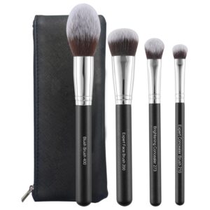 Makeup Brush Set 4PCS Premium Travel Make Up Brush Kit -For Foundation, Blush, Bronzer, Eyeshadow,Setting Powder & Concealer Makeup Brushes with Black Case