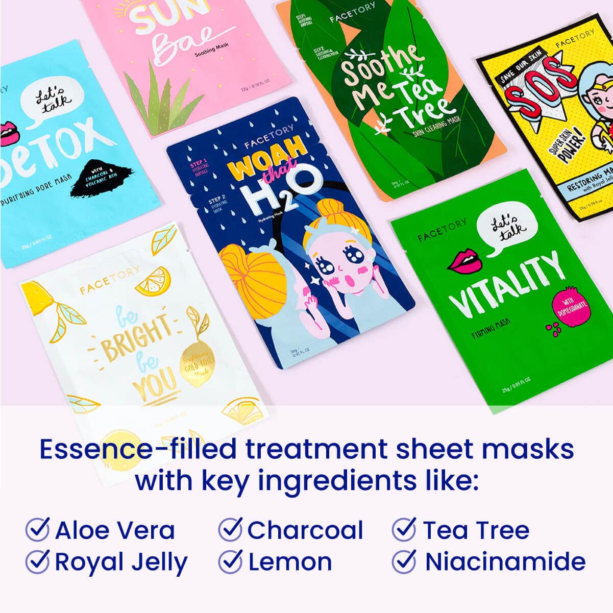 FACETORY K Beauty Face Mask Skin Care - BEST OF 7 COLLECTION Sheet Mask Set (14 pc) | Natural Premium Korean Face Mask For All Skin Types - No Sulfates No Parabens - Image 3