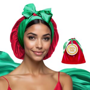 Real Silk Bonnet for Sleeping Women with Curly, Straight, & Fine Hair – Hair Cap for Sleep – Premium Alternative to Double Layer Satin Bonnet – Silk Hair Wrap for Sleep with Wonder Loop Tie – Red