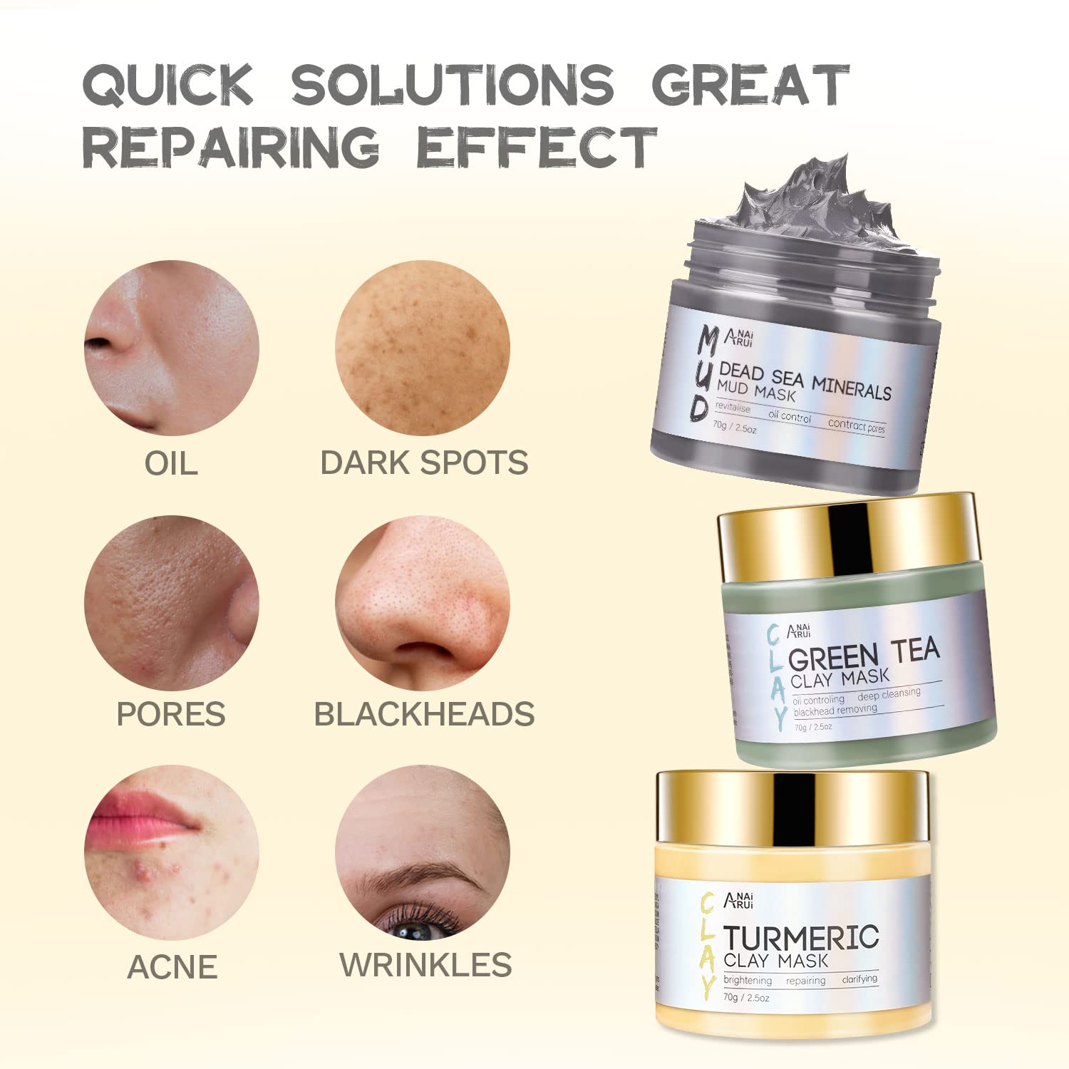 ANAI RUI Turmeric Clay Mask - Green Tea Clay Mask - Dead Sea Minerals Mud Mask, Spa Facial Mask Set, Face Mask Gift Set 2.5 oz each - Image 7