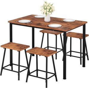 VECELO Kitchen Table and Chairs for 4, Dining Room Set with Chairs/Stools, Heavy-Duty Metal Frame with Wooden Tabletop for Small Spaces, Easy Assembly, Classic Brown