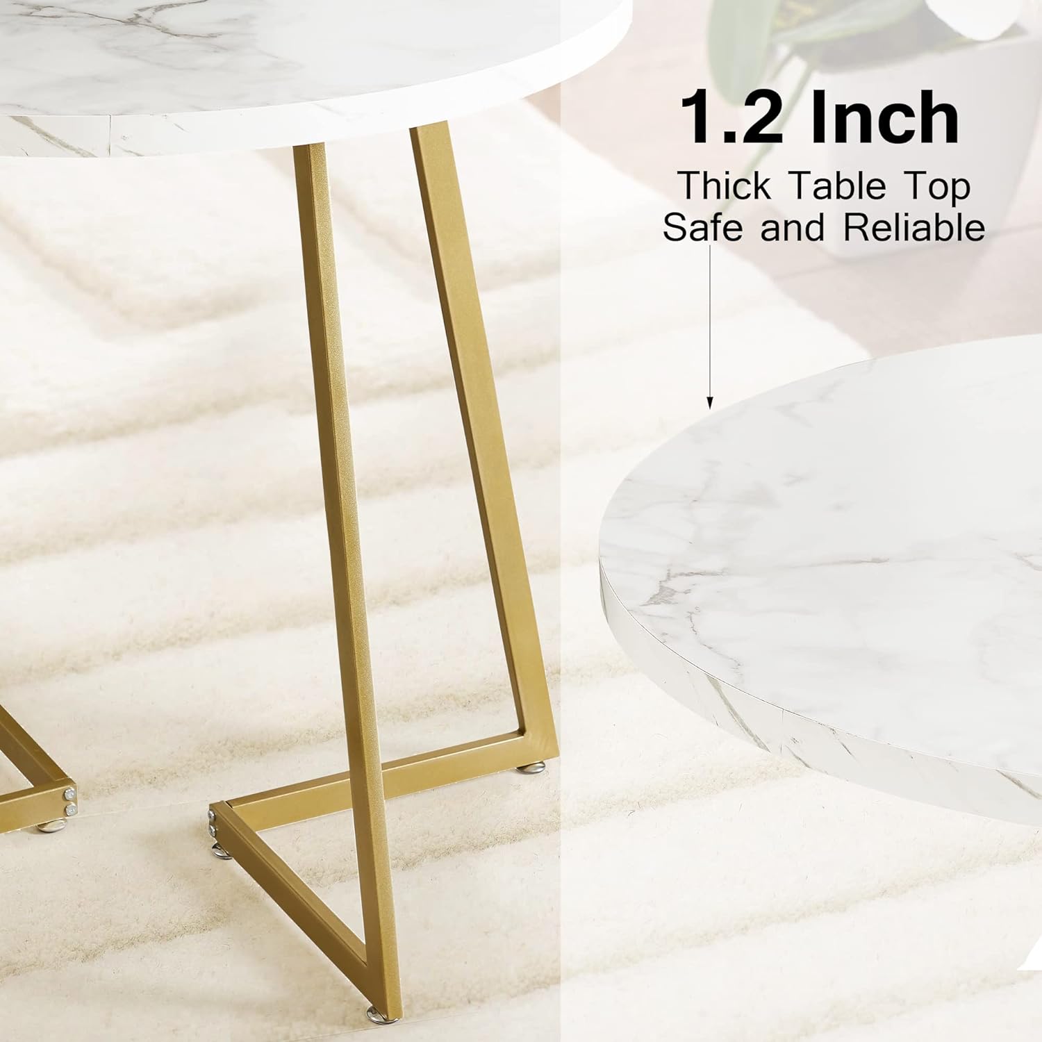 VECELO Round Dining Room Table with Wood Grain Tabletop and Steel Frame, for Kitchen, Living Room, Office, Conference, 2 to 4 Person, White & Gold - Image 6