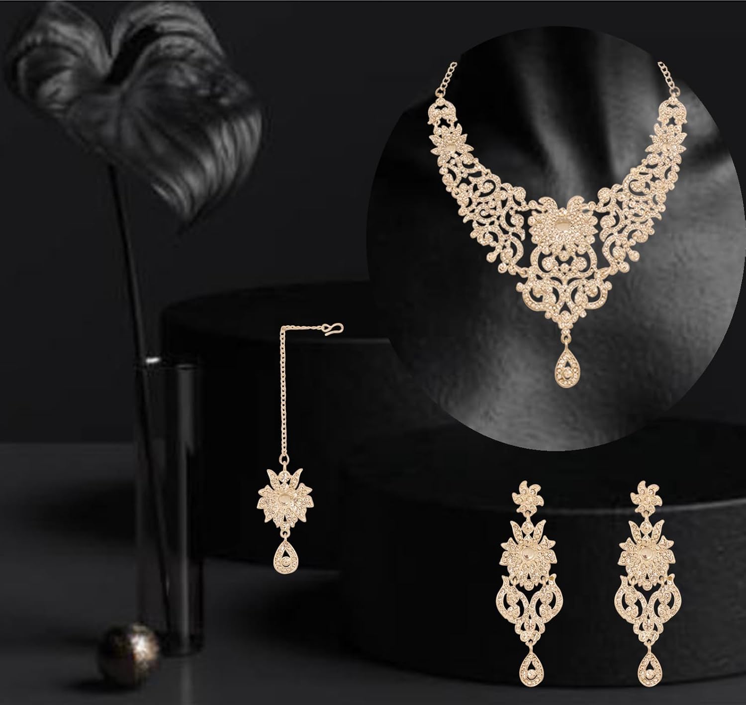 Touchstone Indian Jewelry Sets for Women Bollywood Wedding Bridal Necklace desi Earrings Formal Fancy Rhinestone India Designer Jewellery Punjabi Tikka Set in Antique Gold or Silver or White Tone - Image 8