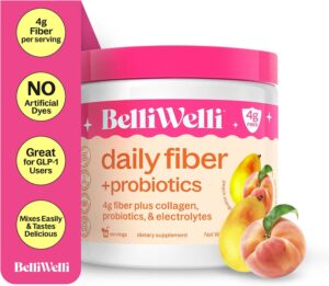 BelliWelli Fiber Supplement for Women & Men – Premium Daily Fiber Powder from Organic Acacia with Added Collagen, Electrolytes & Probiotics – No Bloat, Constipation & Gut Health Support (Peach Mango)