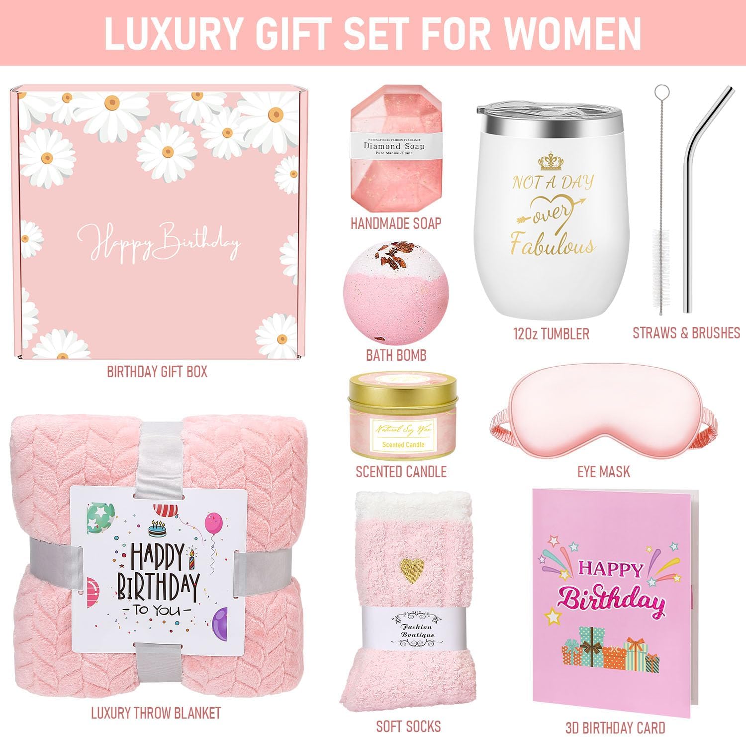 Birthday Gifts for Women Friendship, Happy Birthday Gifts Basket for Mom Friend Sister Wife Her Birthday Gift Unique, Luxury Self Care Gift Rose Relaxing Spa Gifts Set with 3D Birthday Card for Women - Image 2