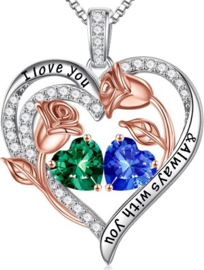 Iefil Birthstone Necklace for Women – 925 Sterling Silver Rose Heart Birthstone Necklace Birthday Anniversary Jewelry Gifts for Her Wife Mom Daughter