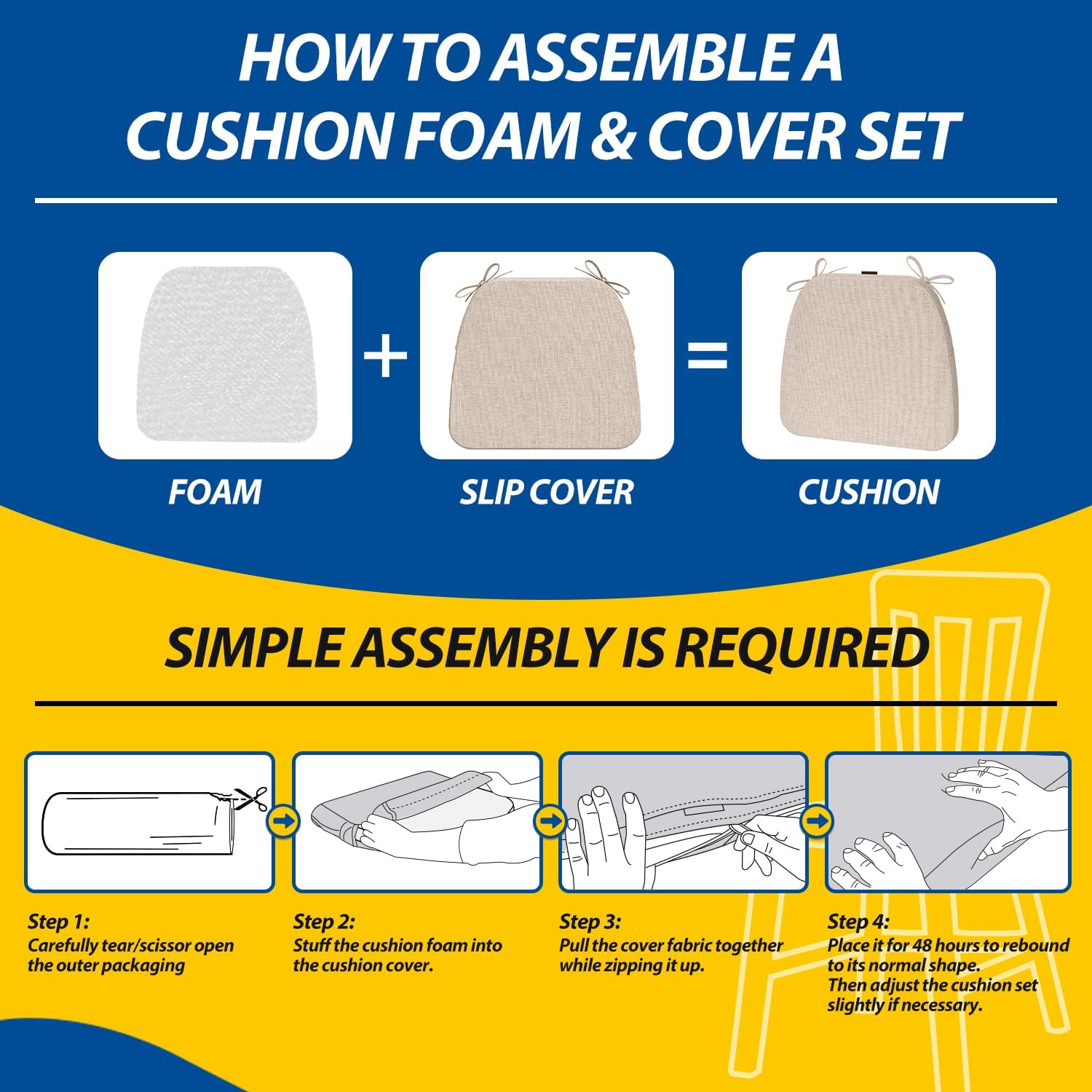 AAAAAcessories D-Shaped Chair Cushions, 2" Thick Dining Chair Pads with Ties and Removable, Machine-Washable Cover, 17" x 16", Set of 6, Oatmeal Beige - Image 9