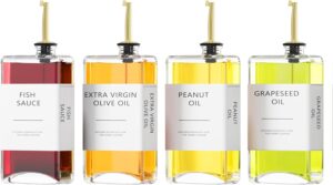 Kitchen Cooking Oil Dispenser Set, Olive Oil & Vinegar Bottles, Soy Sauce Dispenser – 4 Pieces, Gold, Elegant Book Design, Durable, Leak-Proof, Easy-Pour Spouts, Perfect for Kitchen, Dining Table