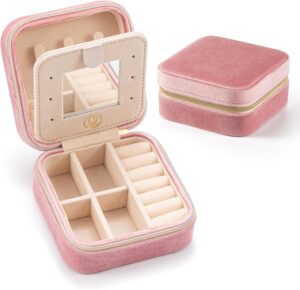 Plush Velvet Jewelry Travel Case,Small Jewelry Box,Traveling Jewelry Organizer,Portable Jewellery Storage Holder for Rings Earrings Necklace Bracelet, for Girls Women | Pink-Mirror