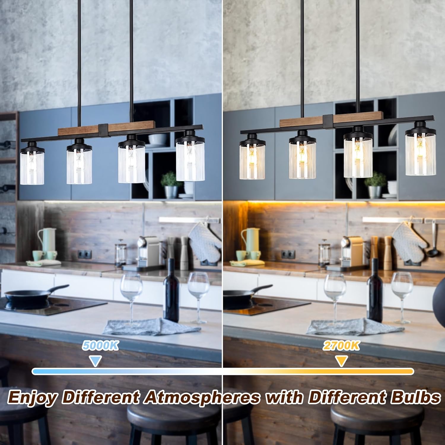 Dining Room Light Fixture Over Table, Farmhouse 4-Light Kitchen Island Lighting, Modern Wood Chandelier with Adjustable Height, Large Industrial Black Pendant Lights Ceiling Hanging for Living Room - Image 5