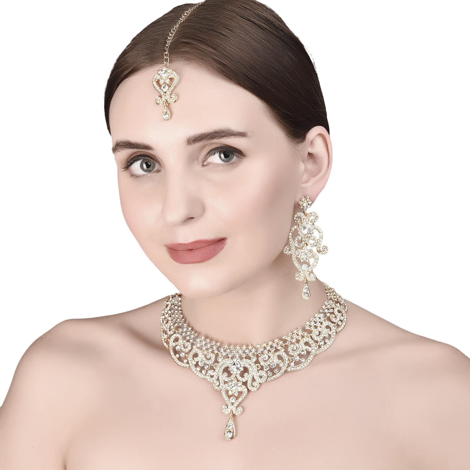 Touchstone Indian jewelry set for women bollywood gold jewellery wedding outfits necklace sets earrings bridal maang tikka fancy costume girls big desi accessories rhinestone in gold or silver tone - Image 2