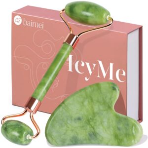 BAIMEI IcyMe Gua Sha & Jade Roller Facial Tools Face Roller and Gua Sha Set for Puffiness and Redness Reducing Skin Care Routine, Self Care Gift for Men Women – Green