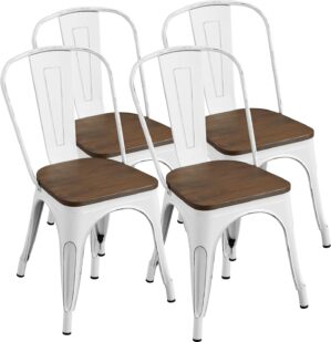 Yaheetech 18 Inch Classic Iron Metal Dining Chair with Wood Top/Seat Indoor-Outdoor Use Chic Bistro Cafe Side Barstool Bar Chair Distressed White, Set of 4