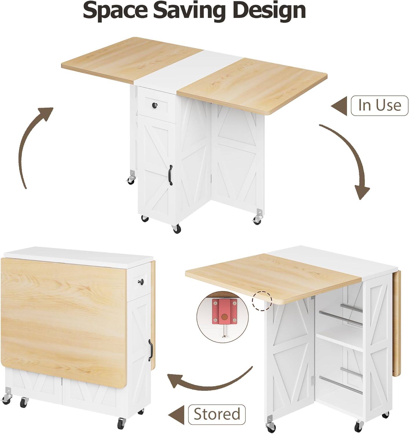 Space Saving Folding Dining Table, Farmhouse Foldable Dining Table with Drawer and 2-Layer Storage Shelf, 6 Wheels Multipose Expandable Kitchen Drop Leaf Table for Small Space (Pear Wood White) - Image 8