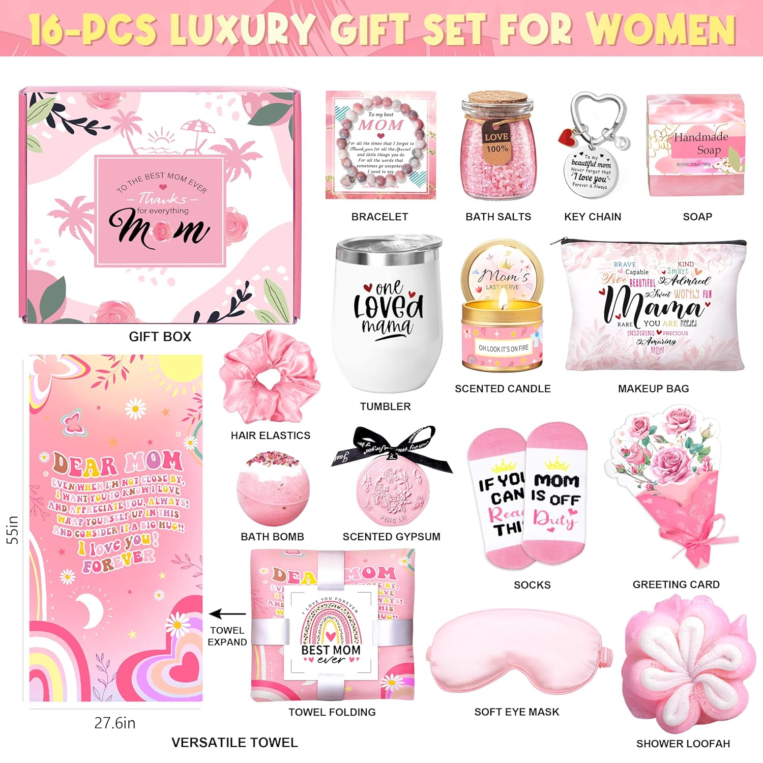 Mother's Day Baskets Gifts for Mom - 16 Pcs Luxury Self-Care Gift Basket for Mothers Day Mama (Pink) - Image 2